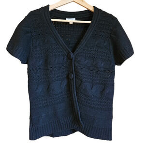 Garnet Hill Short Sleeve Cartigan Sweater Lambswool Black Women's Large